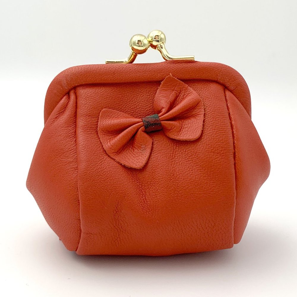 Vintage-style Mini Leather Coin Purse w Ribbon - Brick Red